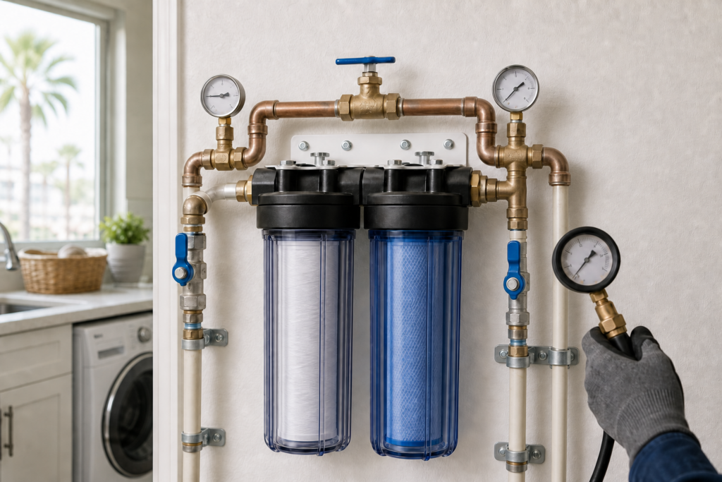Whole-house water filter pressure diagnosis with inlet and outlet gauges and connected bypass valves