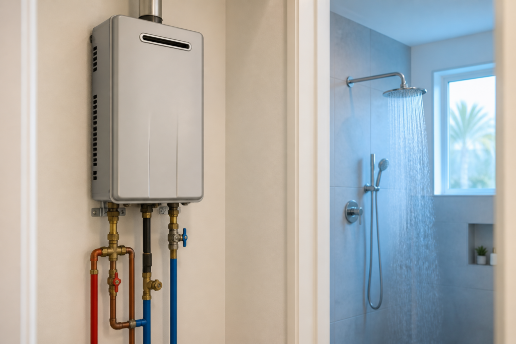 Wall-mounted tankless water heater with connected hot and cold piping beside a running shower