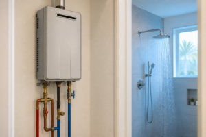Wall-mounted tankless water heater with connected hot and cold piping beside a running shower